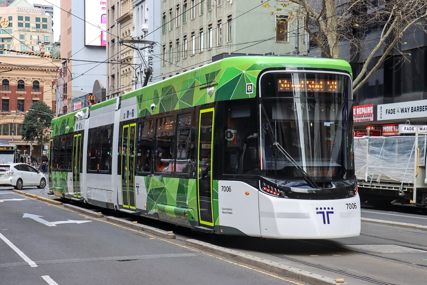The route 59 tram, Flinders Street bound. It starts outside Westfield Airport West, so the weekly shop and the trip to town share a stop.
